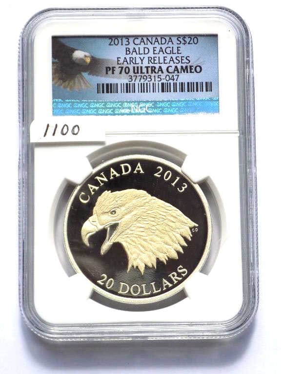 CANADA 2013 $20 BALD EAGLE ULTRA CAMEO NGC PF 70: Canadian Mint 2013 Early Release $20 Twenty Dollar Bald Eagle Ultra Cameo Silver Proof Coin. 1 Oz Fine Silver. NGC Sealed & Graded PF 70 Ultra Cameo. Elizabeth II Reverse. Lettered Edge