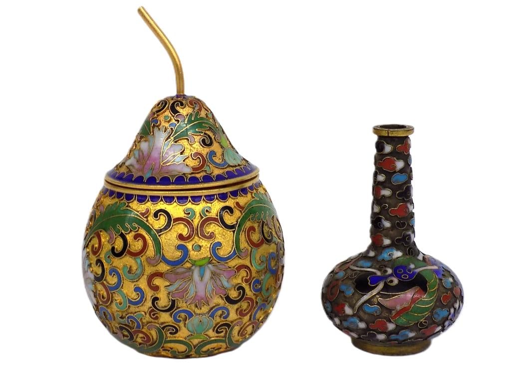 CHINESE CHAMPLEVE MINIATURE PEAR JAR & DRAGON VASE: Antique Chinese Champleve Miniature Pear Jar with Gold Gilt Ground. Along with a Bronzed Dragon Vase. Heights 3" and 2.50"
