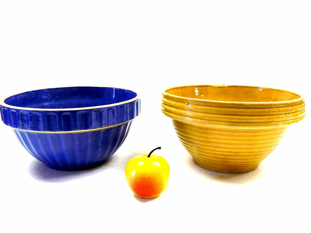 COUNTRY STONEWARE MIXING BOWLS: Antique Country Stoneware Mixing Bowls. Blue and Yellow. Ribbed & Reeded. Height 5" x Diameter 10"