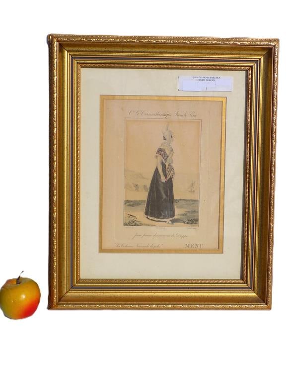 FRENCH TRANSATLANTIC FASHION PRINT SHIP MENU: Antique French Transatlantic / Transatlantique French Ship Line Fashion Print Menu. Featuring Jeune Femme des Environs de Dieppe. Les Costumes Normands de Jadis. Printed In France. 15" x 17.50" Fancy 