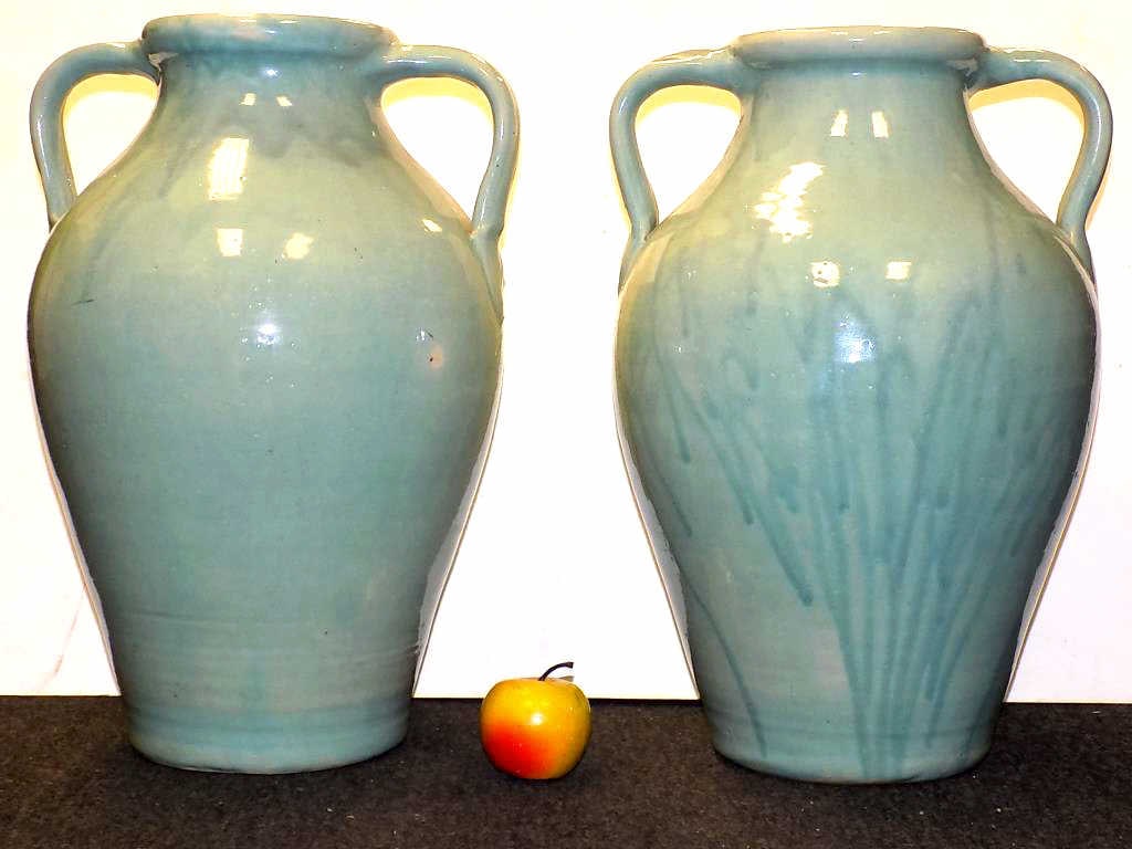 GIANT PAIR BLUE DRIP GLAZE POTTERY VESSELS (1 of 3)