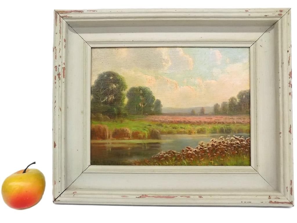H. PEABODY FLAGG - LUMINIST LANDSCAPE PAINTING: H. Peabody Flagg - 1858-1937 American New York Massachusetts Luminist Landscape Painting. Oil on Artist Board. Signed and Dated 1933 Lower Left. 13.50" x 16.50" Wooden Frame. Provenance: From a Promin
