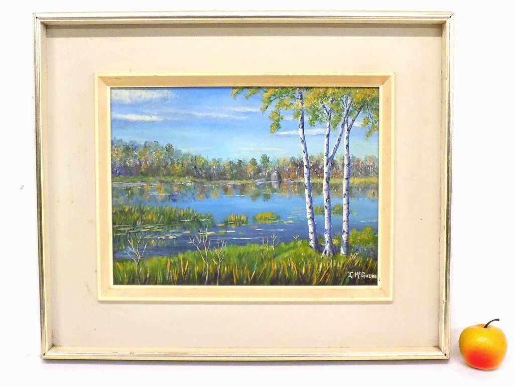 IRENE MCGUIRE - WOODLANDS POND PAINTING: Irene McGuire - American 20th Century - Woodlands Pond Oil Painting. Signed Lower Right and Rear. Quality Midcentury Frame Measurement 20" x 24" Provenance: From a Prominent New York Estate.