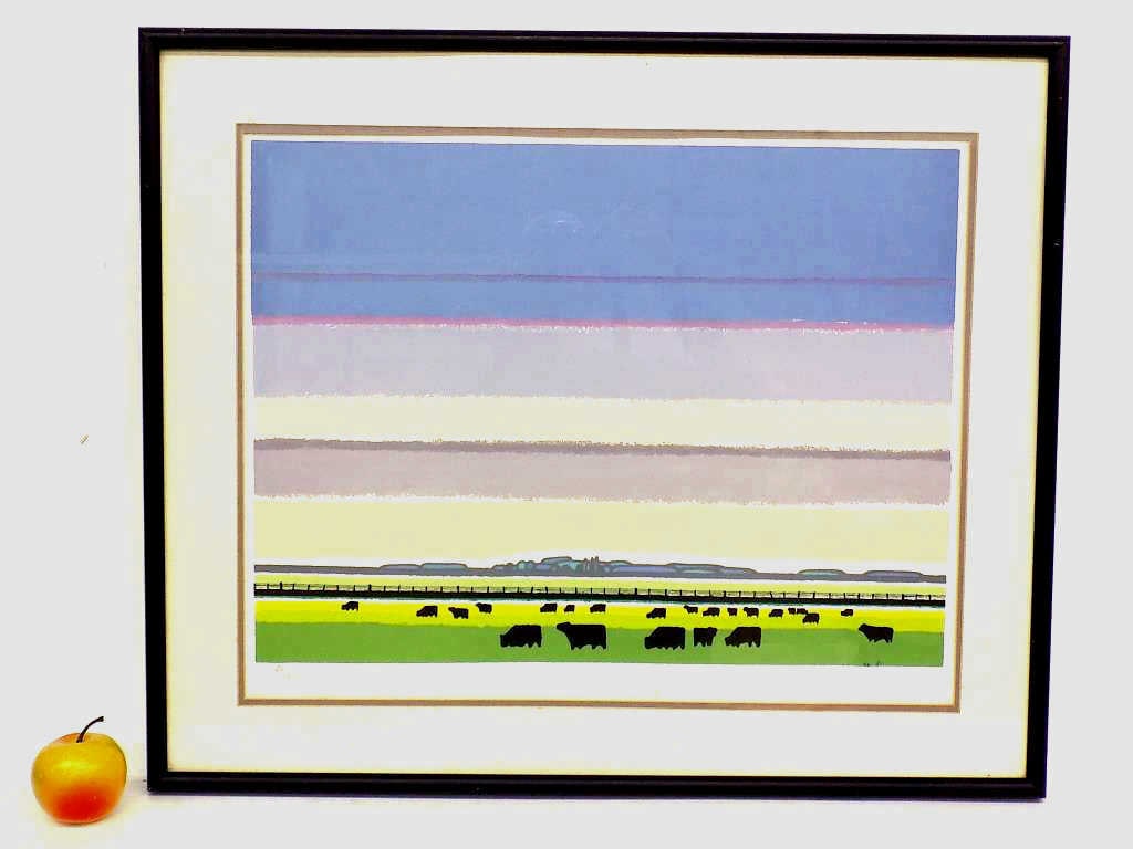 JUAN MANUEL JM SANCHEZ - GRAZING COWS SILKSCREEN: Juan Manuel J.M. Sanchez British Columbia Canada Argentina 1930-2016 - Midcentury Silkscreen Print of Grazing Cows in a Field. Limited Edition of 180. Artist Hand Numbered and Signed Lower Margin. Gal