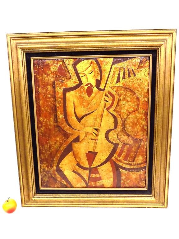 LARRY MASCHINO - ABSTRACT MUSICIAN PAINTING: Larry Maschino - American 20th Century - Midcentury Abstract Mixed Media Painting of a Musician. Intaglio Cut Masonite with Oil and Gold Paint. Signed Lower Right. 28.50" x 32.50" Framed Measurement. 