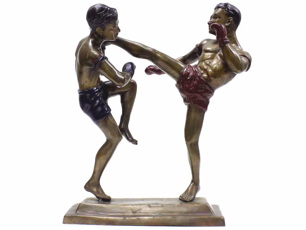 MARTIAL ARTS KICK BOXING FIGHTERS BRONZE: Antique Cold painted Bronze Sculpture. Depicting Two Martial Arts Kick Boxers In Fighting Pose. 14 1/2" x 12". Very Nice Condition, Old Patina.
