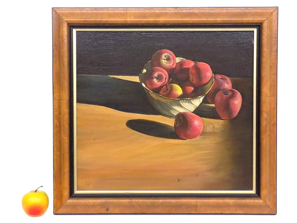 MICHAEL GARLAND - APPLES TABLE STILL LIFE PAINTING: Michael Garland - American New York b1952 - Exceptional Apples Table Still Life Painting. Oil on Artist Board. Signed and Dated Lower Left. 20.50" x 22" Framed Measurement. Provenance: Butwell Estate 