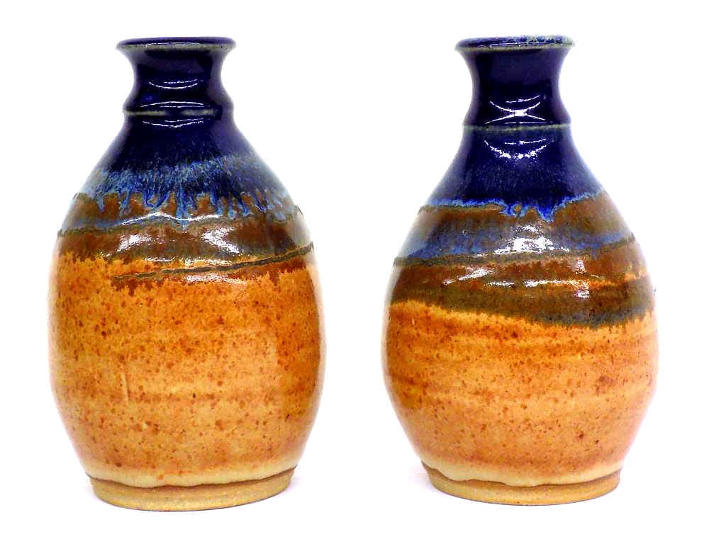 MIDCENTURY FREDERICH POTTERY VASES PAIR: Pair of Midcentury Frederich Pottery Vases. Glazed Blue and Brown Tones. Signed Bases. Height 5.50"