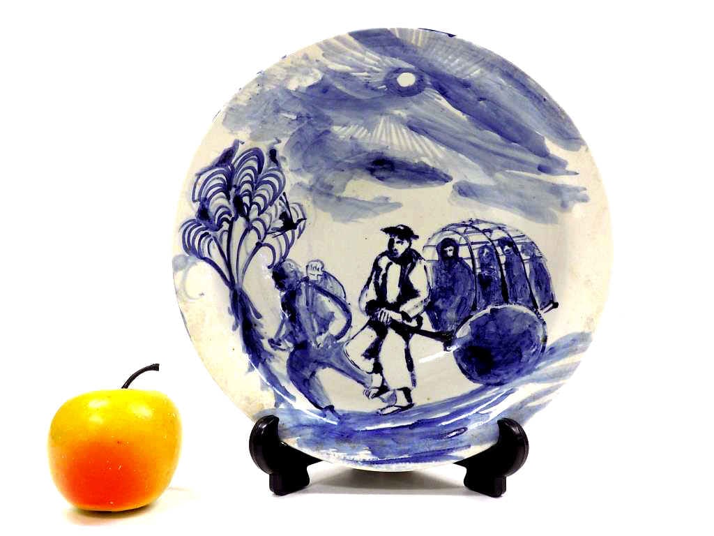 PATON MILLER - RICKSHAW MAN PAINTED BOWL: Paton Miller American b1953 - Big Blue and White Ceramic Porcelain Bowl. Surrounding Painting Depicting a Man with Rickshaw, Figures and Animals. Signed, Dated Base. Approximate Height 3" x Diameter