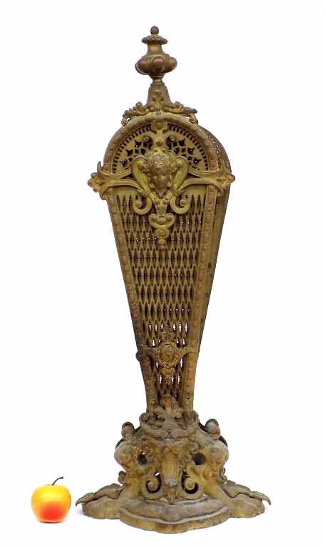 RENAISSANCE REVIVAL BRONZE FIREPLACE FAN SCREEN: 19th Century Renaissance Revival Bronze Fireplace Screen. Detailed Design Depicting Maiden Medallion Head with Roaring Lion Base. Fancy Folding Fan Design. Height 33" x Base Length 13.50". Old