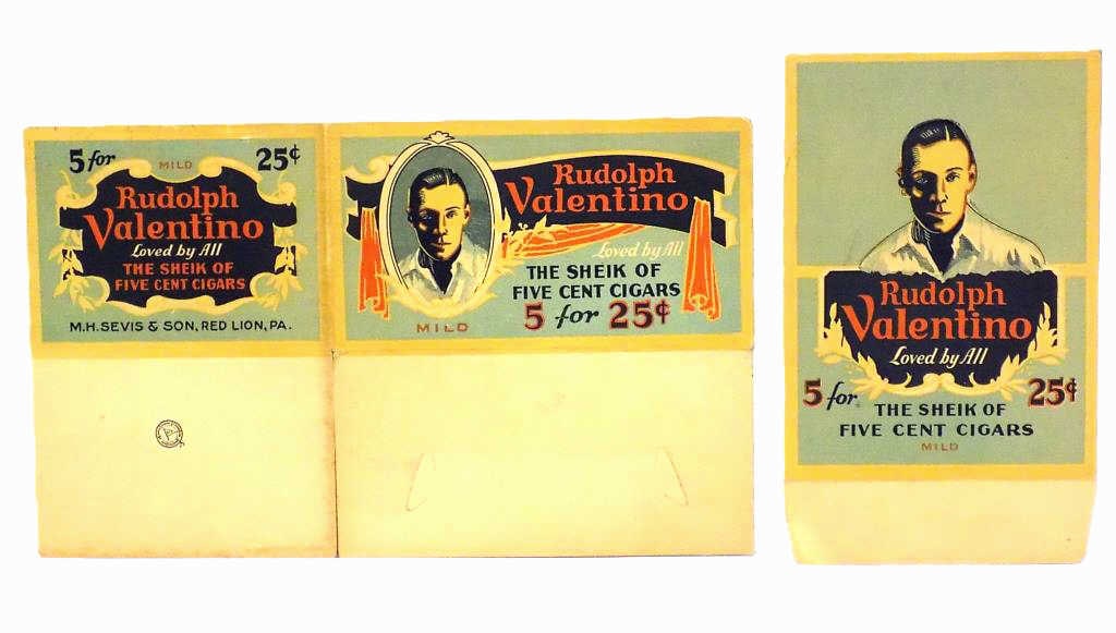 RUDOLPH VALENTINO SHEIK OF CIGARS DISPLAY BOX: Rare 1920's Rudolph Valentino Store Counter Display Box. Great Tobacco Advertising Piece. Reads Loved By All The Sheik of Five Cent Cigars 5 for 25 Cents. M.H. Sevis & Son Co. Red Lion PA