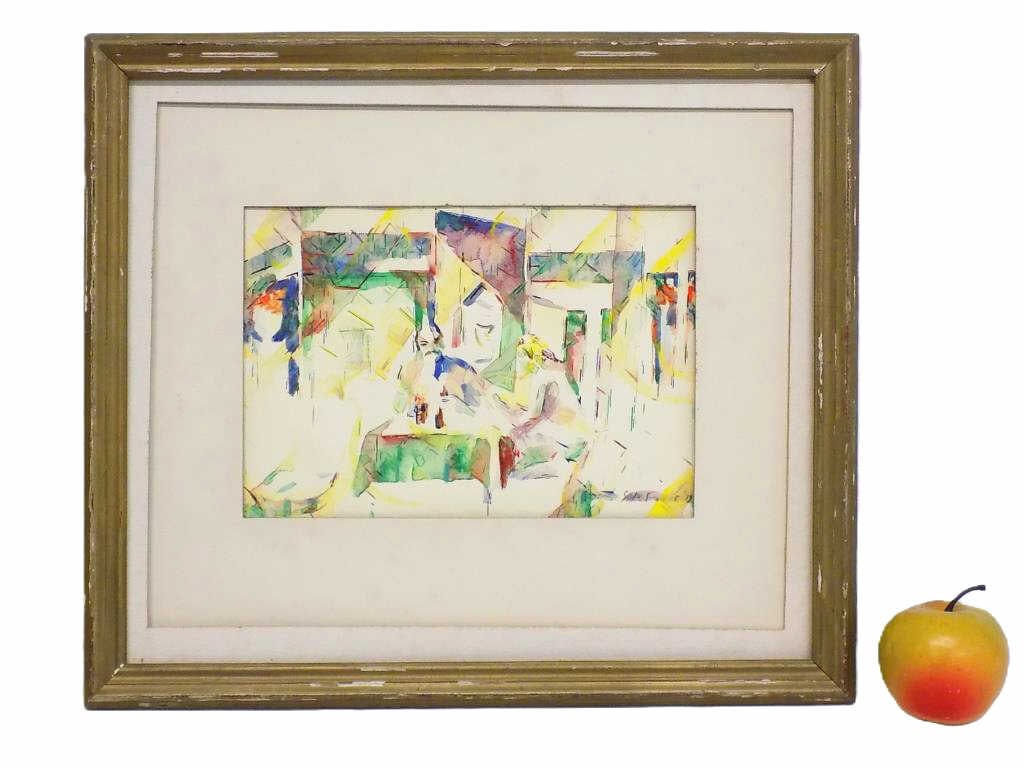 S.A. FODOR - ABSTRACT INTERIOR WATERCOLOR: S.A. Fodor American 20th Century - Abstract Interior Scene Watercolor Entitled Supper At Emmaus. Signed and Dated 1979. Wood Frame Measurements 14.50" x 16.50"