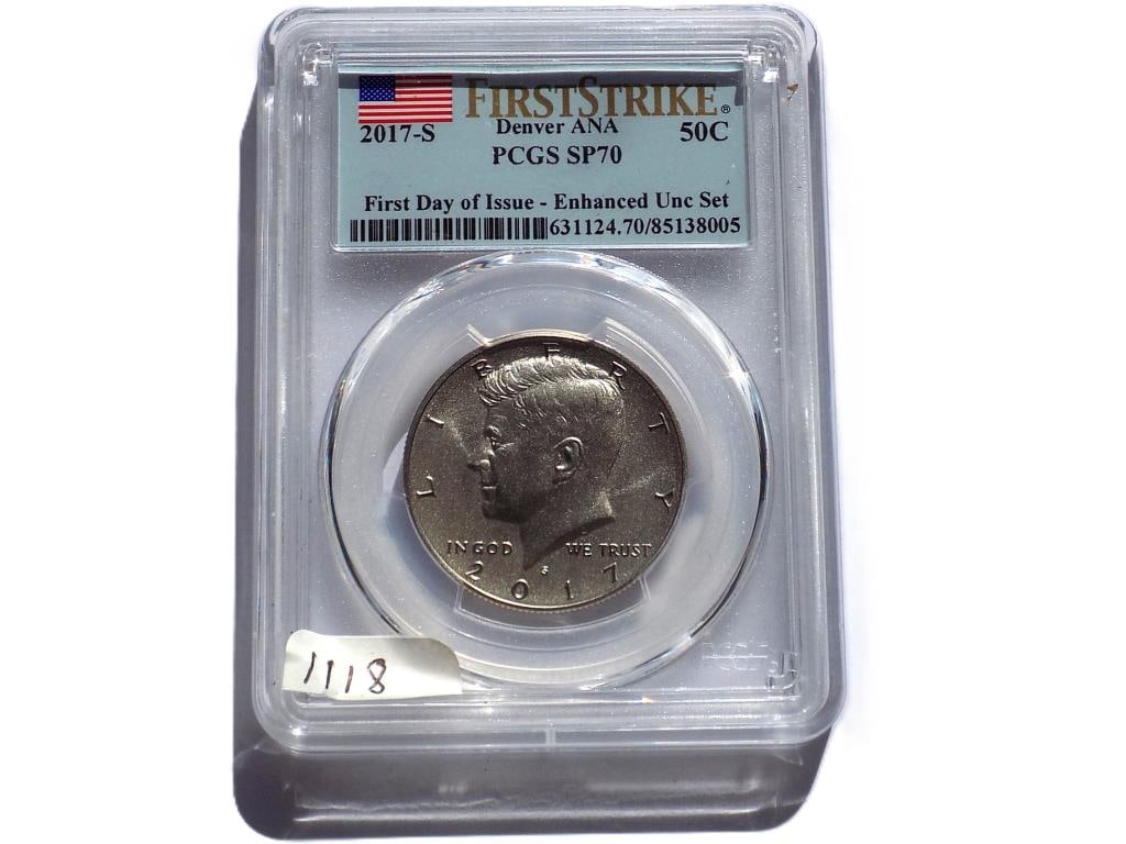 U.S. MINT 2017 S DENVER ANA KENNEDY HALF PCGS SP70: United States San Francisco Mint 2017 Kennedy Half Dollar First Day of Issue Enhanced Uncirculated. Denver ANA First Strike Label. PCGS Sealed & Graded SP70