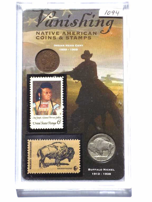 U.S. MINT INDIAN CENT & NICKEL COIN & STAMP SET (1 of 4)
