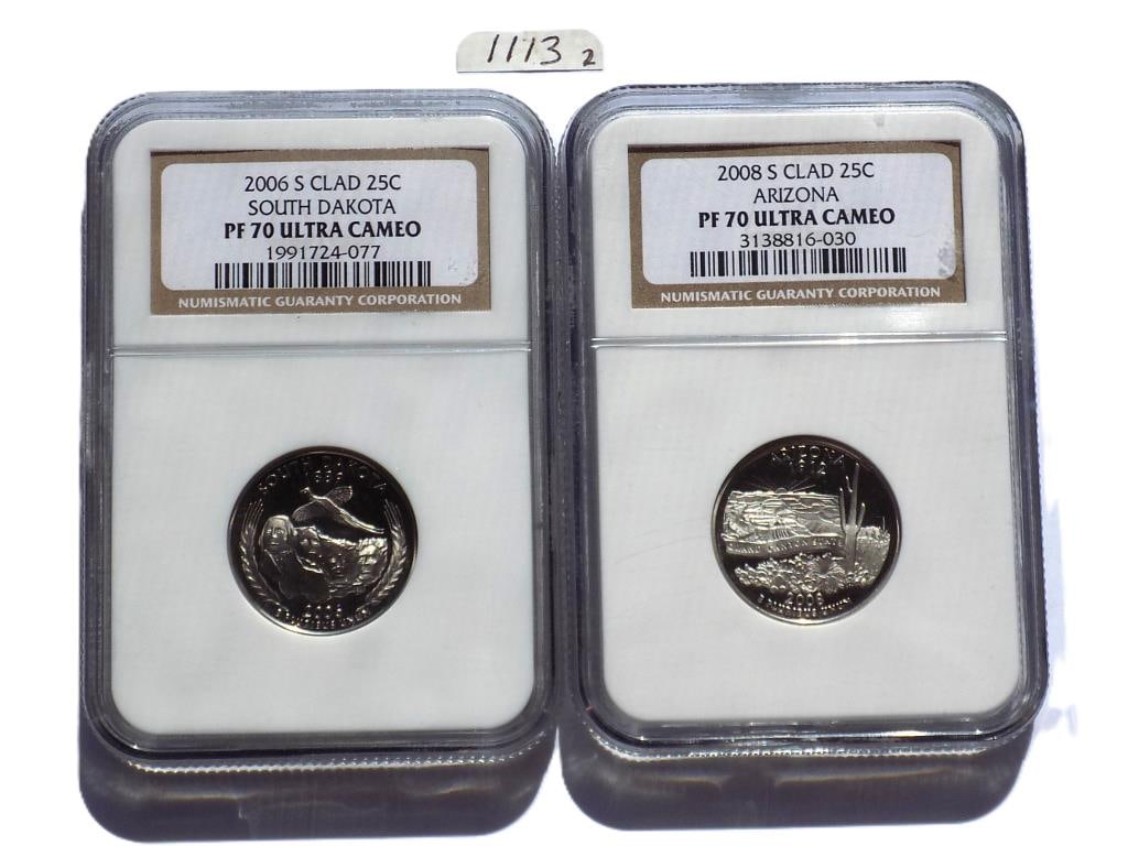 U.S. MINT SOUTH DAKOTA ARIZONA ULTRA CAMEO PF 70: United States San Francisco Mint 2006 Clad 25 Cents South Dakota and 2008 Arizona Quarter Dollar. Each NGC Sealed and Graded PF 70 Ultra Cameo
