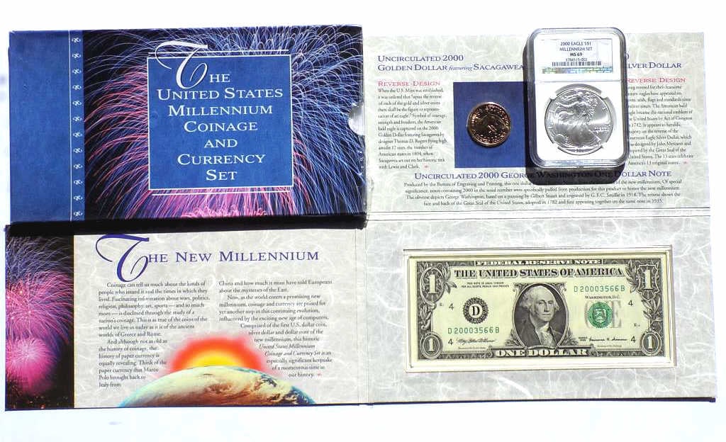 US MINT 2000 MILLENNIUM COINAGE & CURRENCY SET: United States Mint 2000 Millennium Coinage and Currency Uncirculated Set. Includes Silver Eagle $1 One Dollar Coin NGC Cased & Graded MS 69, Sacagawea Golden Dollar Denver, George Washington $1 One Do