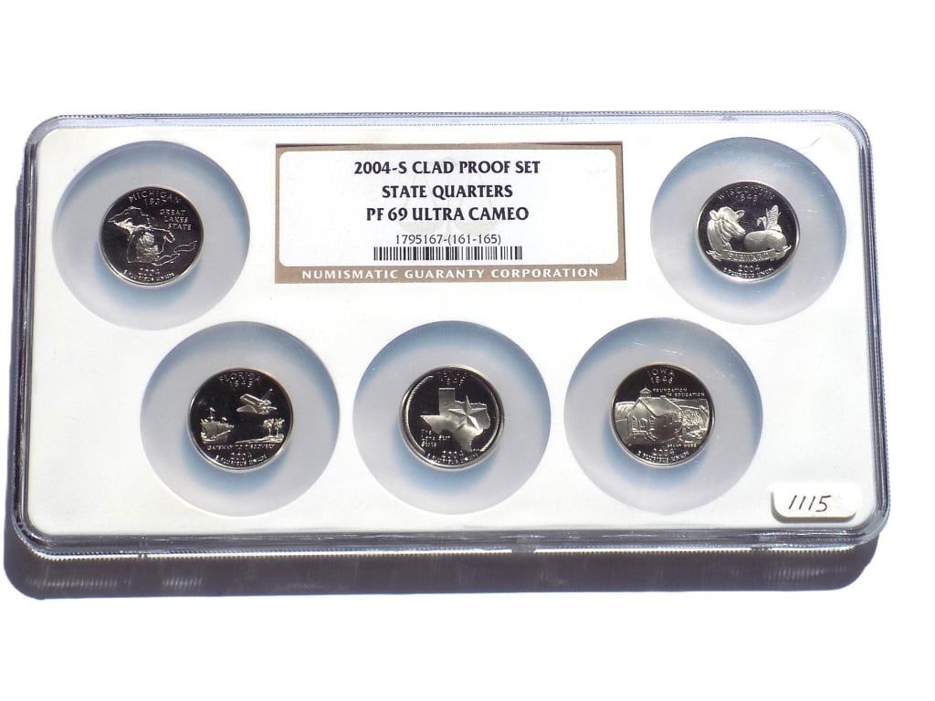 US MINT 2004 S CLAD PROOF QUARTERS SET ULTRA CAMEO: United States San Francisco Mint 2004 Silver Clad Proof Set State Quarters Including Michigan, Florida, Texas, Iowa, Wisconsin. NGC Sealed and Graded PF 69 Ultra Cameo