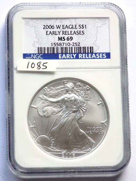 US MINT 2006 W EARLY RELEASE SILVER EAGLE NGC MS69: United States West Point Mint 2006 W Early Release Silver Eagle $1 One Dollar Coin. Walking Liberty Obverse, Heraldic Eagle Reverse. 1 Oz Fine Silver. NGC Sealed & Graded MS 69