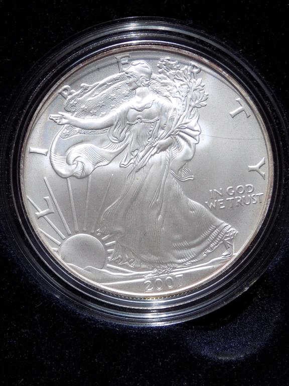 US MINT 2007 AMERICAN EAGLE SILVER DOLLAR COIN UNC: United States West Point Mint 2007 American Eagle $1 One Dollar Uncirculated Silver Coin. Walking Liberty Obverse by Adolph Weinman, Heraldic Eagle Reverse By John Mercanti. 1 Oz Fine Silver with Blac