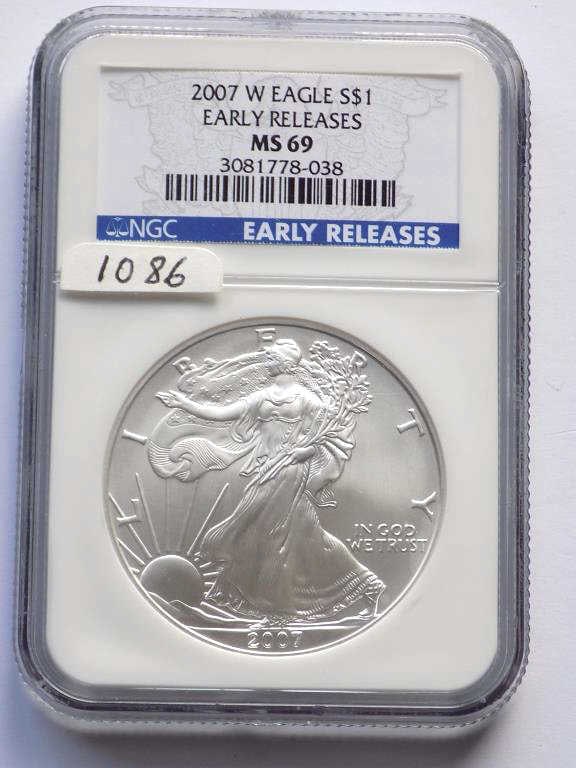 US MINT 2007 W EARLY RELEASE SILVER EAGLE NGC MS69: United States West Point Mint 2007 W Early Release Silver Eagle $1 One Dollar Coin. Walking Liberty Obverse, Heraldic Eagle Reverse. 1 Oz Fine Silver. NGC Sealed & Graded MS 69