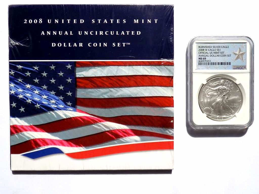 US MINT 2008 COIN SET BURNISHED SILVER EAGLE MS 69: United States Mint 2008 Annual Uncirculated Dollar Coin Set. Including NGC Sealed & Graded MS 69 Burnished Silver Eagle. Walking Liberty Obverse by Adolph Weinman with Heraldic Eagle Reverse By John M