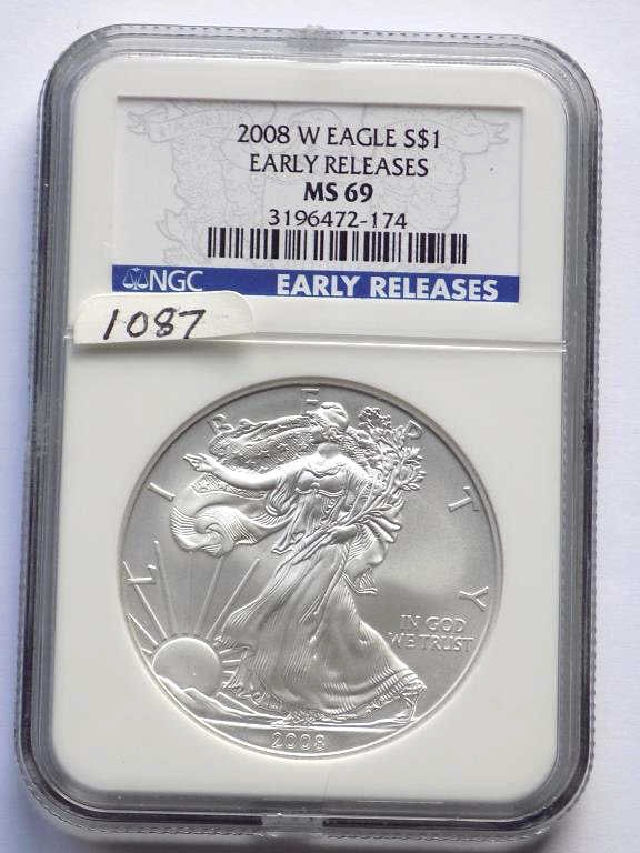 US MINT 2008 W EARLY RELEASE SILVER EAGLE NGC MS69: United States West Point Mint 2008 W Early Release Silver Eagle $1 One Dollar Coin. Walking Liberty Obverse, Heraldic Eagle Reverse. 1 Oz Fine Silver. NGC Sealed & Graded MS 69
