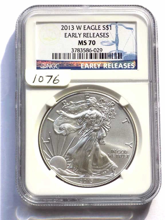 US MINT 2013 W EARLY RELEASE SILVER EAGLE NGC MS70: United States West Point Mint 2013 W Early Release Silver Eagle $1 One Dollar Coin. Walking Liberty Obverset, Heraldic Eagle Reverse. 1 Oz Fine Silver. NGC Sealed & Graded MS 70