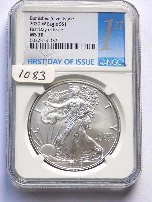 US MINT 2020 W BURNISHED SILVER EAGLE NGC MS 70: United States West Point Mint 2020 W Burnished Silver Eagle $1 One Dollar Coin. First Day of Issue. Walking Liberty Obverse, Heraldic Eagle Reverse. 1 Oz Fine Silver. NGC Sealed & Graded MS 70