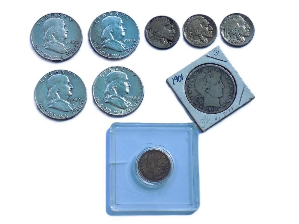 US MINT SILVER COINS BARBER FRANKLINS INDIAN CENT: United States Silver Coin Lot. Including: 1901 Barber Half Dollar, 3 Indian Head Buffalo Nickels 1918, 1935, 1936, 4 Franklin Half Dollars 1950 D, 1951 D, 1952 S, 1955 and a 1906 Indian Head Penny