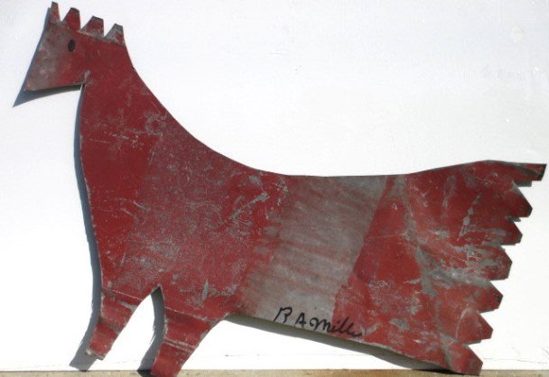 RA MILLER - FOLK ART PAINTED TIN ROOSTER: RA Miller Southern American 1912-2006 - Folk Art Rooster painted on cut out tin . Earlier piece. Signed lower edge. Provenance: Armstrong Estate Collection. H 14" x L 22.50"