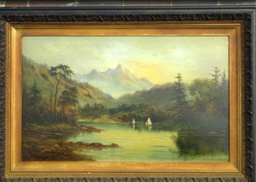 MANNER OF CROPSEY HUDSON VALLEY SCHOOL PAINTING: 19th Century Hudson River Valley impressionist oil painting in the manner of Jasper Cropsey . Sailing boats near a mountain landscape. H 22" x L 35.50. Original Victorian frame with sealed pine board 