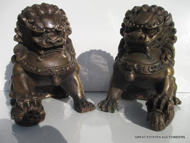 CHINESE BRONZE PAIR FOO DOGS: Chinese bronze foo dogs pair. H 6" x L 7".