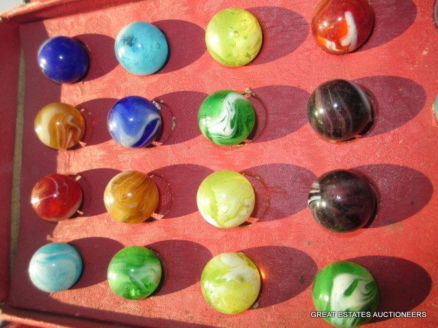 ANTIQUE BOXED LUCKY BOY CHAMPION MARBLE SET: Antique boxed Lucky Boy Champion Marble Set. Complete original set in 28 assorted colors. Retailed by M. Gropper & Sons Inc. 5th Avenue New York City. Case L 9.50"