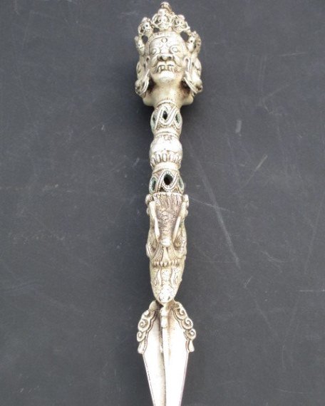 CHINESE SILVERED BRONZE FIGURAL DAGGER: Chinese silvered bronze figural weapon / dagger. Detailed tribal heads , dragon head with serpent & snakes . L 14.50".
