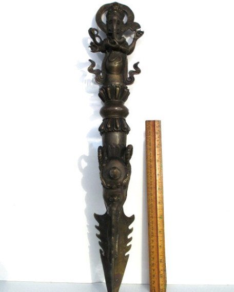 HUGE GANEESH & SERPENT BRONZE DAGGER: Huge bronze weapon / dagger with Ganeesh handle , transforming into a serpent with snakes tri arrow tip blades. L 21.50"