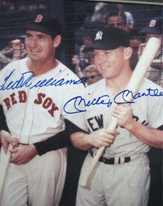MICKEY MANTLE TED WILLIAMS AUTOGRAPHED PHOTO: Autographed photo of Legendary Baseball Hall of Famers Mickey Mantle & Ted Williams on a color 8 x 10 photo. C.O.A. included.