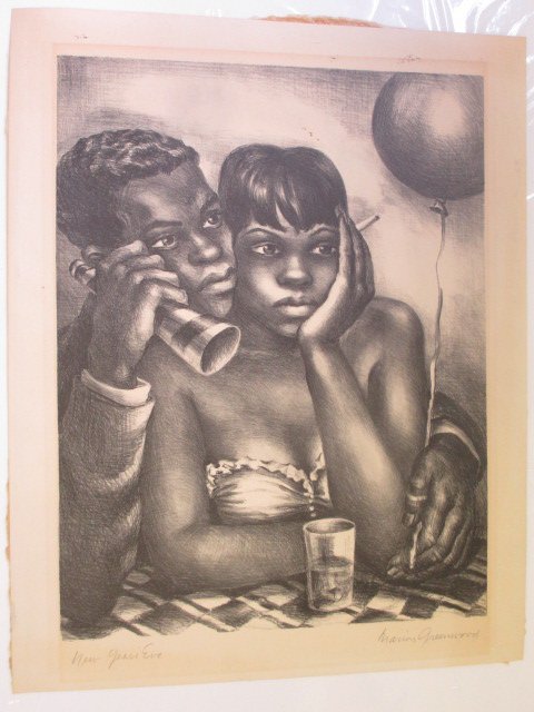 MARION GREENWOOD SIGNED NEW YEAR'S EVE LITHOGRAPH: Marion Greenwood 1909-1970 American WPA era - Original pencil titled & signed lithograph entitled " New Year's Eve" portraying young African American couple . H 14" x L 11"