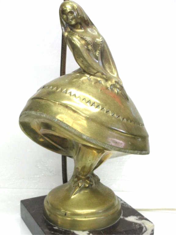 WILHELM ANDREAS - LADY SCULPTURE BRONZE LAMP: Wilhelm Andreas German 1882-1951- Gilt bronze lady sculpture attached to lamp on marble base. Signed W. Andreas 1921. Bronze H 13.50 . 17.50 lbs total weight.