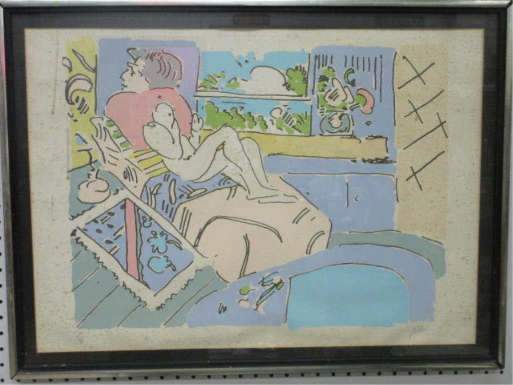 PETER MAX - BEDROOM FIGURE SIGNED SERIGRAPH: Peter Max - American 1937 - Modern art serigraph with a figure lying in bed . Artist Proof pencil signed . H 20" x L 28" sight size. Condition: foxing.