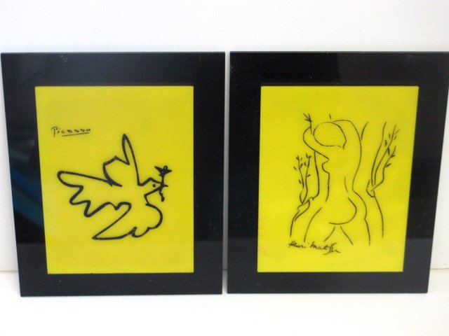 PICASSO - MATISSE LITHOS ON PLASTIC: Lot of 3 Vintage lithographs on cut & mounted plastic . Don Quioxote , Peace Dove & Nude Figure . All signed. H 7" x L 9" ; 6" x 4". Minor scratches.
