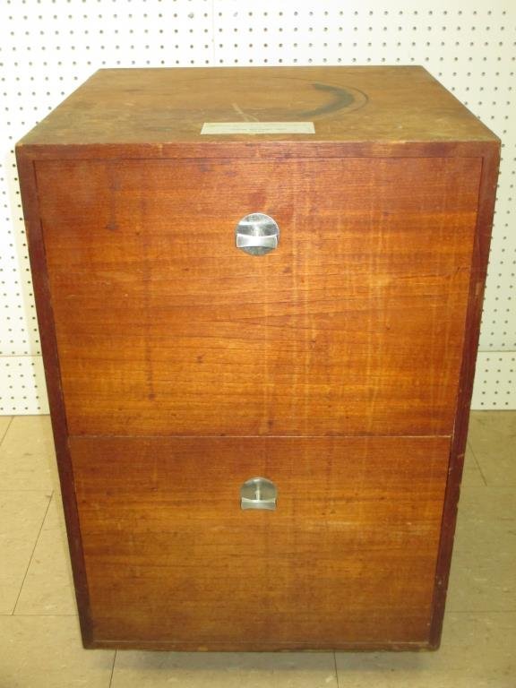 JOHN STUART MODERN PRESENTATION CABINET: Rare John Stuart Midcentury Modern 2 drawer rosewood & chrome handle cabinet . Presented to the New York Chapter American Institute of Interior Designers by John Stuart Inc. 1964 . H 26.50 x L 18.50 x