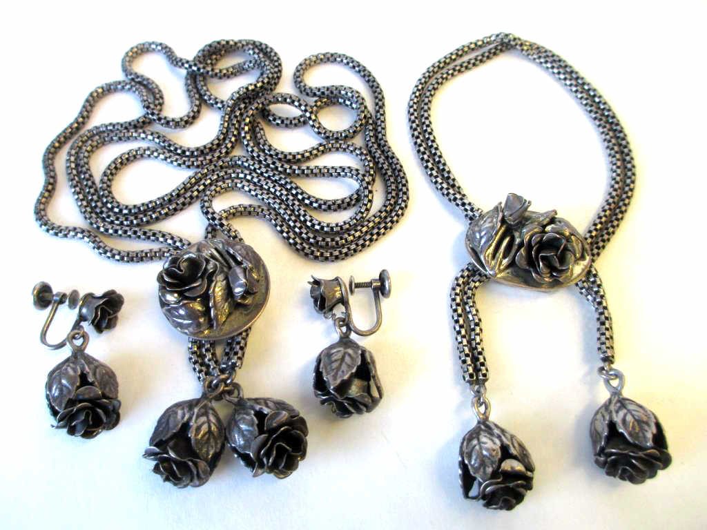 DANECRAFT STERLING SILVER ROSE JEWELRY SET: Vintage Signed Danecraft Designer sterling silver jewelry set including a double strand woven link adjustable choker necklace 14" Length, double strand woven link adjustable choking bracelet with 2 ha