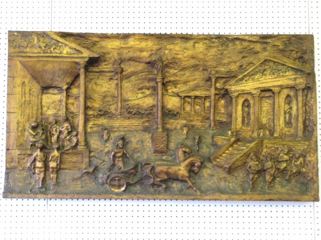 ANCIENT ROMAN BRONZE TONE WALL SCULPTURE: Vintage Ancient Roman scene bronze tone wall sculpture . Detailed relief plaque picturing Coliseums people & a Warrior on chariot with Trojan Horses . Fiberglass with bronze tone, copper pipe reinforc