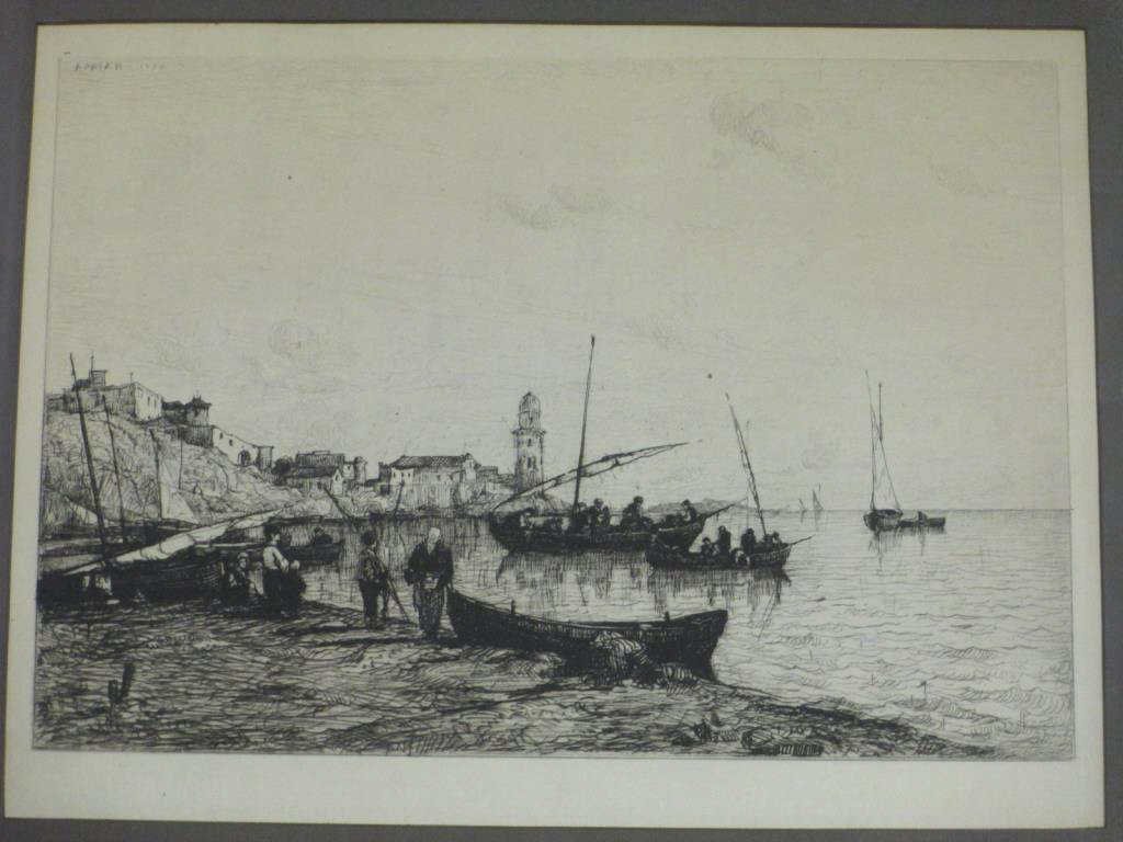 ADOLPHE APPIAN ITALIAN FISHING PORT ETCHING SIGNED: Adolphe Appian French 1818-1898 - Etching entitled: Drawing The Net . Signed & dated in plate upper left 1870. H 11" x L 14.5o" sight size. In original sealed frame with info label & B. Altman Gallery