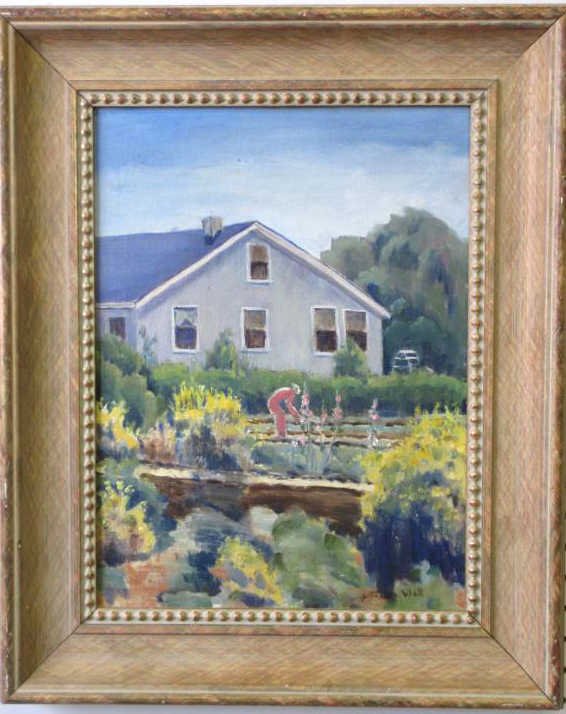 GERTRUDE WALL AMERICANA IMPRESSIONIST PAINTING: Gertrude Rupel Wall - American 20th Century - Impressionist oil painting entitled " Americana " Fairfax - Marin County. Woman gardening outside her home. Signed lower right, en verso. H 12" x L 16" . 