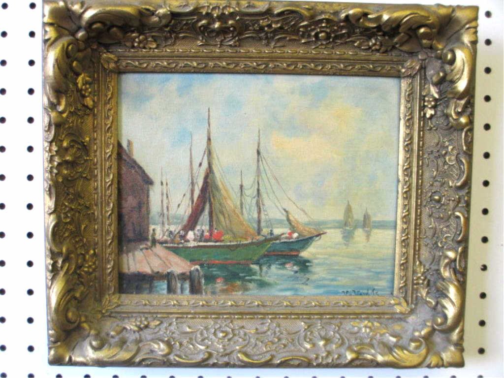 WILLIAM WARD JR - MORNING WHARF PAINTING: William Ward Jr. American 1935 - Oil painting on artist canvas board . Boats with passengers awaiting sail . Signed lower right, artist copyright stamp en verso. H 8" x 10". 11.50" x 13.50" gilt Victo