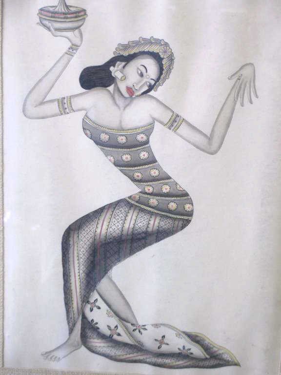 I. KETUT RUDIN - BALINESE DANCER WATERCOLOR: I. Ketut Rudin Indonesian 1918- Balinese dancer watercolor on paper. H 12" x 9" sight. Signed & dated 1951 en verso.