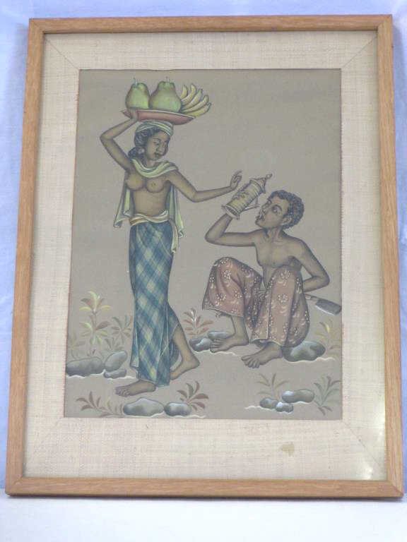 I. KETUT RUDIN - BALINESE COUPLE WATERCOLOR: I. Ketut Rudin Indonesian 1918 - Balinese watercolor on paper ofa semi nude beauty holding fruit giving a man a drink. H 12" x 9" sight. Provenance: Formerly from a pair.