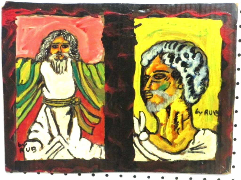 RUB - RELIGIOUS FOLK ART MOSES PAINTING: Rub - Southern African American 20th Century - Folk art oil painting on cardboard . 2 scenes by signed, 1 of Moses. H 12" x L 16.25". Provenance: Armstrong Estate Collection.