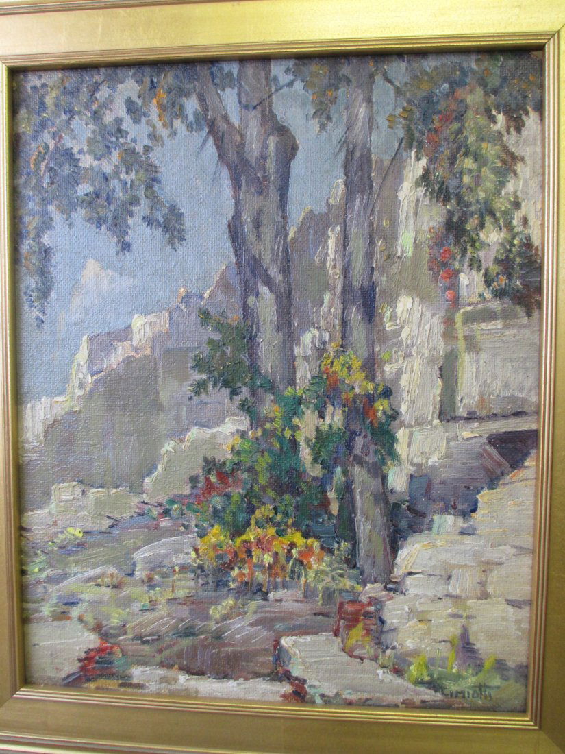 GUSTAVE CIMOTTI - MOUNTAIN LANDSCAPE PAINTING: Gustave Cimotti 1879-1969 - Mountain landscape impressionist oil painting. Signed lower right. H 16" x L 13". 19.50" x 16.50" framed. Called the "Grand Old Man of Romanticism," Gustave Cimiotti was on